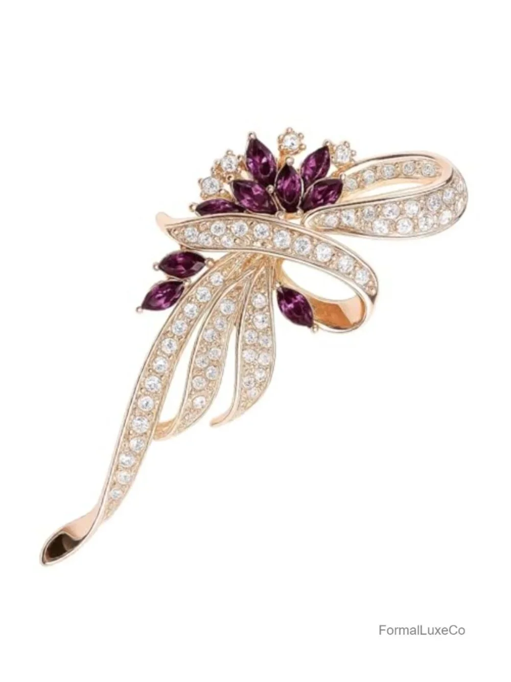 Rose Gold Plated Statement Brooch Pin for Women, Vintage Art Deco Floral CZ